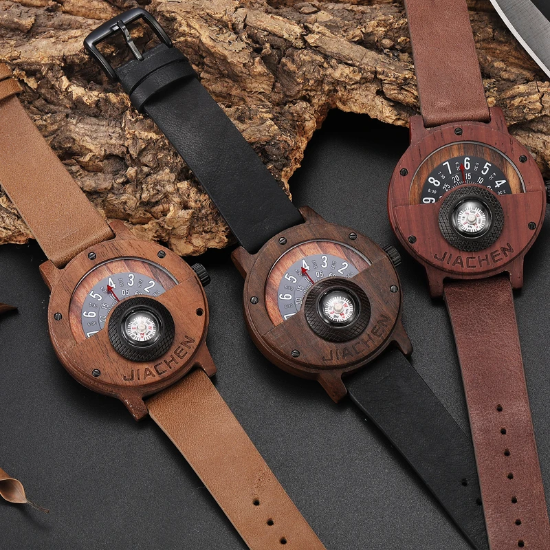 Men Wood Bamboo Watch Unique Turntable Dial  Male Military Watches Compass Quartz Watch With Leather Band