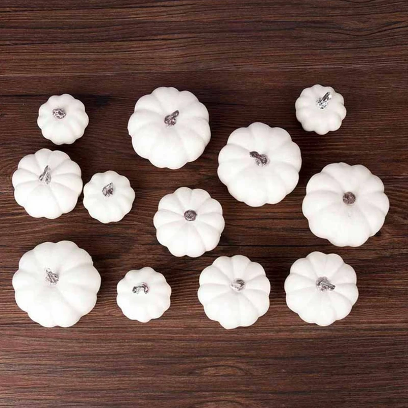 12 Pcs Mini White Pumpkin Halloween Decorative Desktop Ornaments Artificial Cushaw Fall Autumn Squash Party Supplies