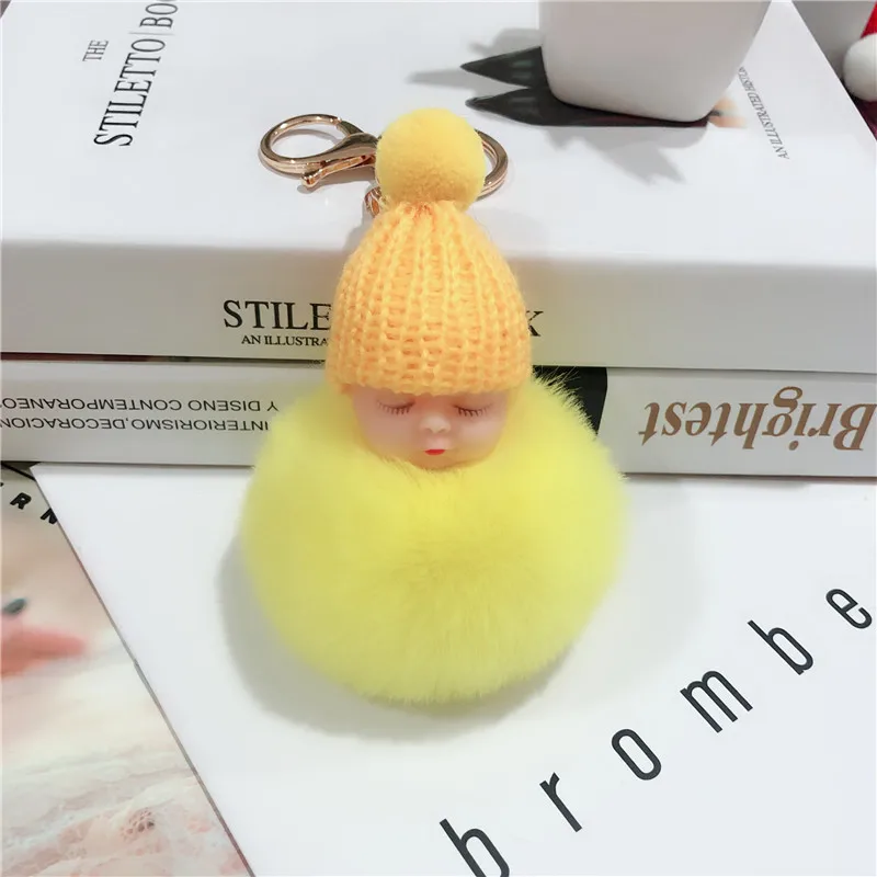 New Pompom sleeping baby keychain cute fluffy Plush doll Keychains Women Girl Bag keyrings Cars Key ring Jewelry Gift porte cl