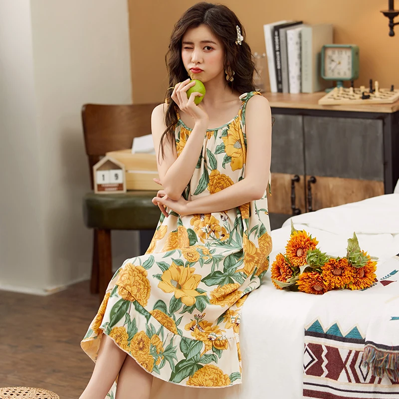 Women Nightgowns Cotton Night Dress Sexy Spaghetti Strap V-Neck Casual Home Dress Night Shirt Floral Print Sleepwear Nightwear