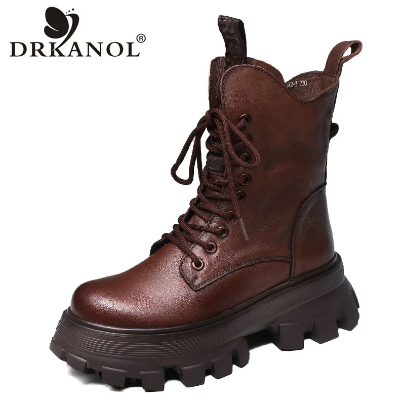 DRKANOL Handmade Retro Women Boots Luxury 100% Genuine Cow Leather Wedges Platform Heel Plush Warm Mid-calf Boots Female Botas