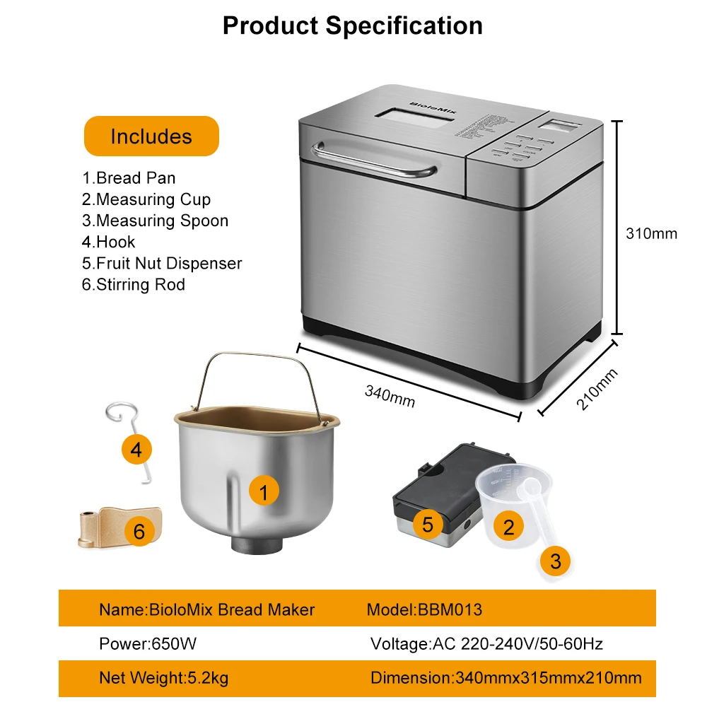 BioloMix Brot Maker 19-in-1 Edelstahl Automatische Brot Maschine mit 3 Loaf Größen Obst Mutter Dispenser