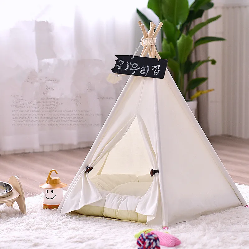 Canvas Pattern White Solid Pet Tent Portable Folding Teepee Cat Bed House with Cushion Easy Assemble Dog Houses Pet Products Dec