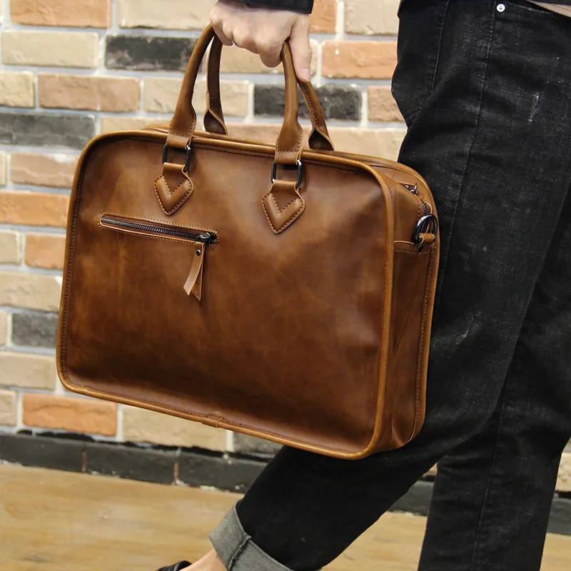 Men Vintage Briefcase handbag Crazy Horse Pu Leather 13inch Big Laptop Bags Business  Brown Messenger Shoulder Bag Man