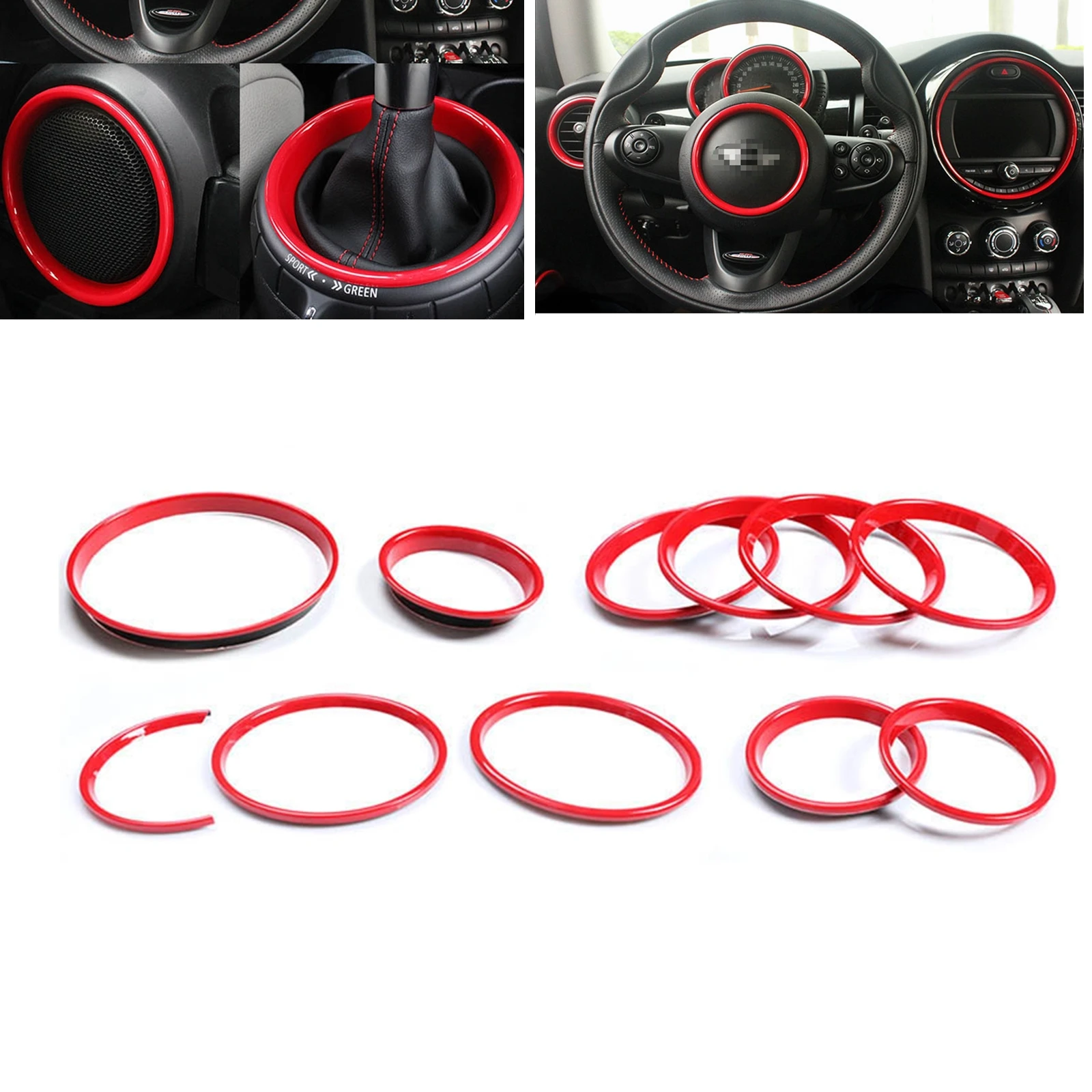 11PCS Car Gear Steering Wheel Trim Kit Ring Cover Red Dash Board Dashboard Gauge Pod Rim Frame For BMW Mini Cooper F55 F56 F57