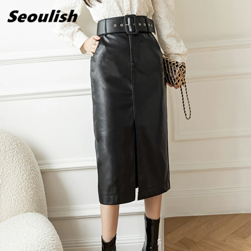 

Seoulish Autumn Winter PU Faxu Leather Women's Mi-long Wrap Skirts with Belted High Waist Front Split Sheath Pencil Skirt Female