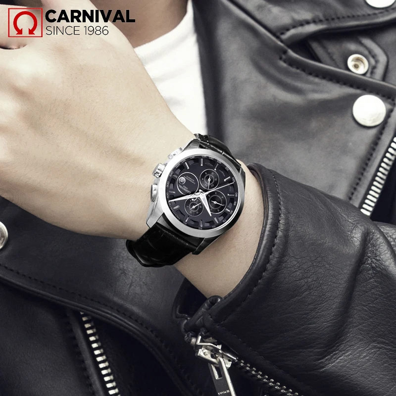 Carnival Brand Fashion Mechanical Watch for Men Leather Strap Waterproof Multifunction 24 Hour Business Mens Automatic Watches