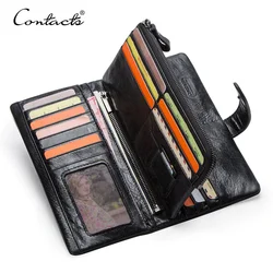 Cartera larga de cuero genuino de CONTACT'S para hombre con bolsa para teléfono, monedero con cremallera, cartera de mano para hombre, cartera pequeña