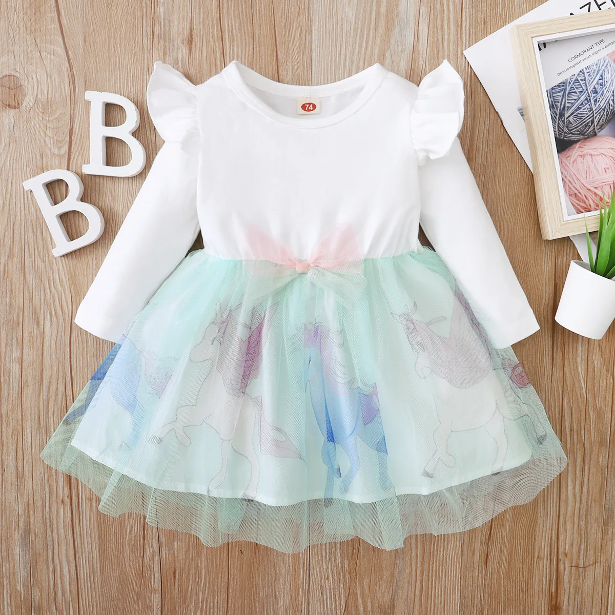 Unicorn Baby Girl Dress Bow Fly Sleeve Birthday Dresses Cute Party Dress vestido infantil menina Tulle Princess Dress Ball Gown