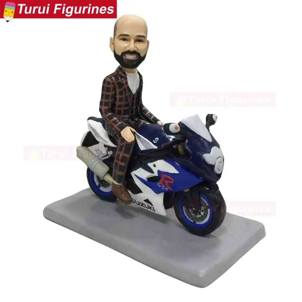 Man lying on the motorcycle handmade polymer clay dolls sculpture birthday gift mini statuette statue