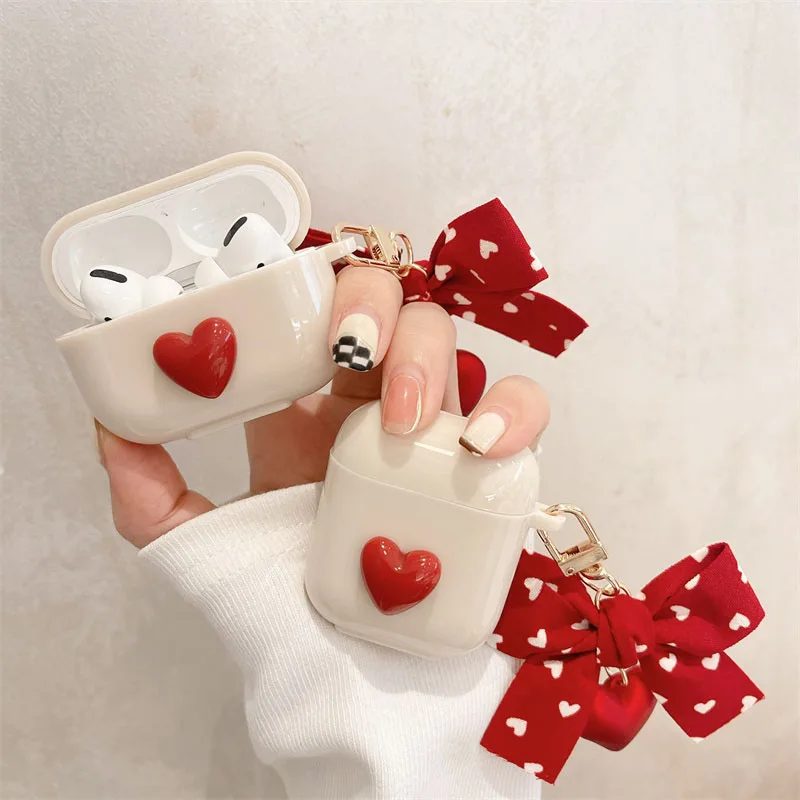 Vintage Red Love Heart Keychain For apple airpods 3 Pro 2 Case Cover Cute Bow Beige Earphone Cases For airpods 4 Headset Box