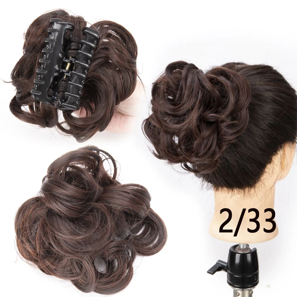 XNaira Synthetic Hair Bun Black Brown Wavy Messy Scrunchies Bun Claw Clip in Hair Extension Updos Hairpieces for Women Chignons