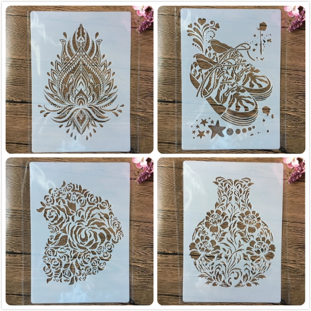 

4Pcs A4 29cm Fire Shoes Vase Heart Mandala DIY Layering Stencils Painting Scrapbook Coloring Embossing Album Decorative Template