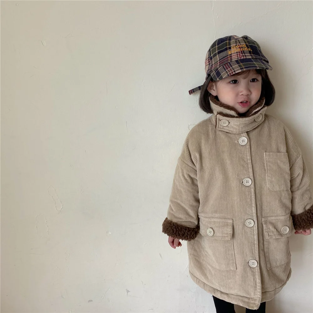 Korean style 2021 winter unisex kids thick corduroy long style coats 2-6 years children inner berber Fleece warm outwear coat