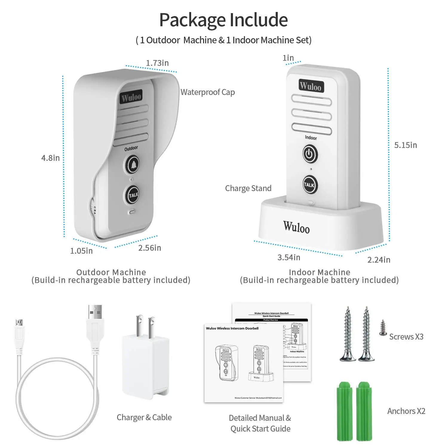 Wuloo 0.5Mile Range Wireless Doorbells Intercom System Adjust Volume Rechargeable Doorbell Receiver Waterproof Cap
