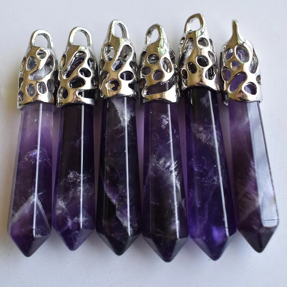 Fashion natural stone amethysts hexagonal pillar charms pendants 12x50mm for necklace making 10pcs/lot wholesale free shipping