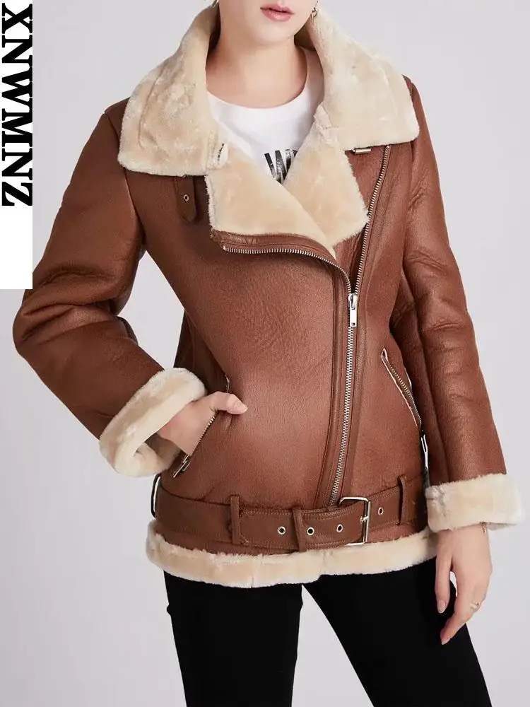 XNWMNZ 2023 Winter Coats Women Thick Faux Leather Fur Sheepskin Coat Female Fur Leather Jacket Aviator Jacket Casaco Feminino