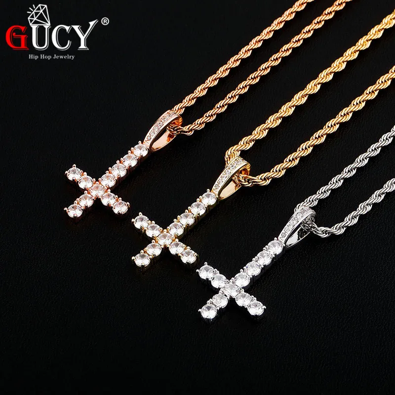 GUCY New Cross Pendant With 4mm Tennis Chain Necklace  AAAA Cubic Zircon  Men's Women Pendant Hip Hop Jewelry For Gift