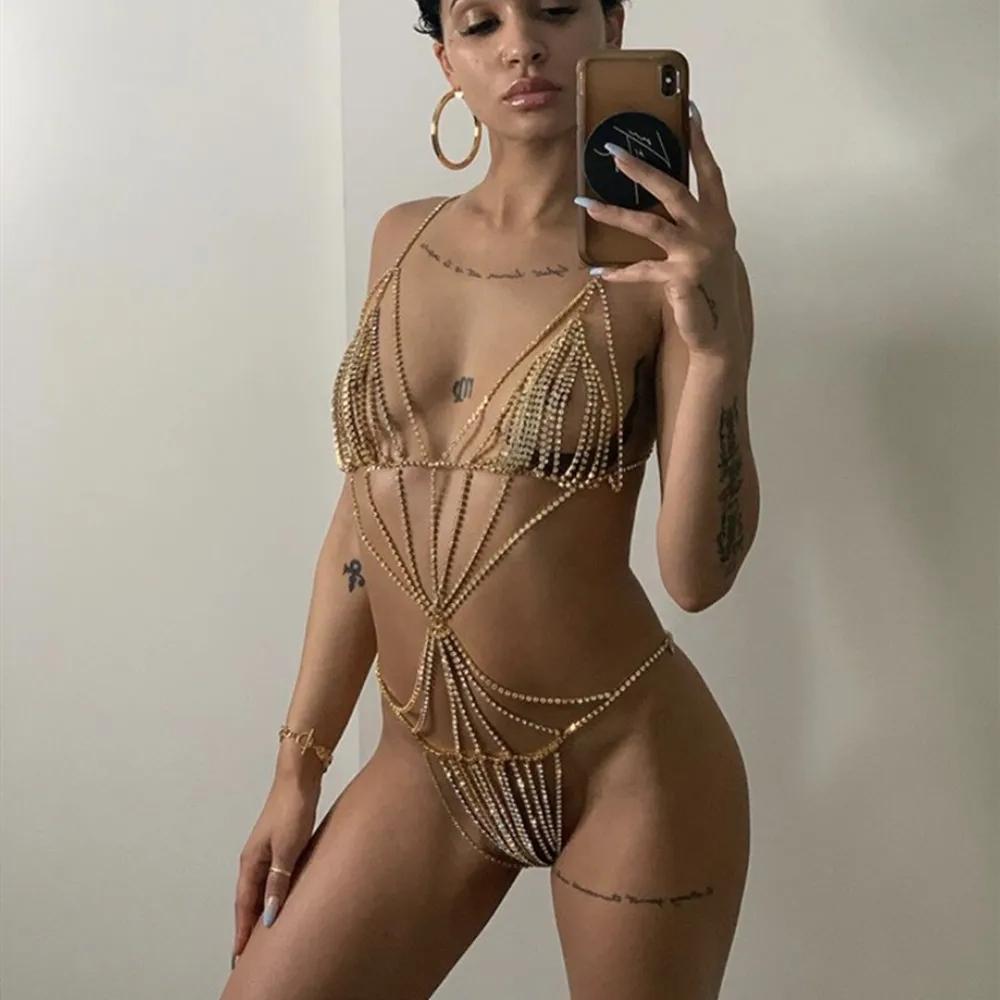 Exaggerated Luxury Rhinestone Body Chain Jewelry Bodysuit for Women Nightclub Bling Sexy Crystal Leotard Bra and Thong Underwear