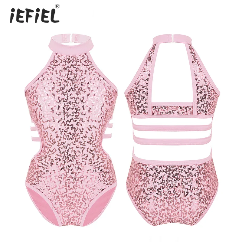 Kids Girls Ballet Costumes Gymnastics Leotard Sleeveless Sparkly Sequins Cutouts Back Ballet Dance Dress Kids Jumpsuit Dancewear