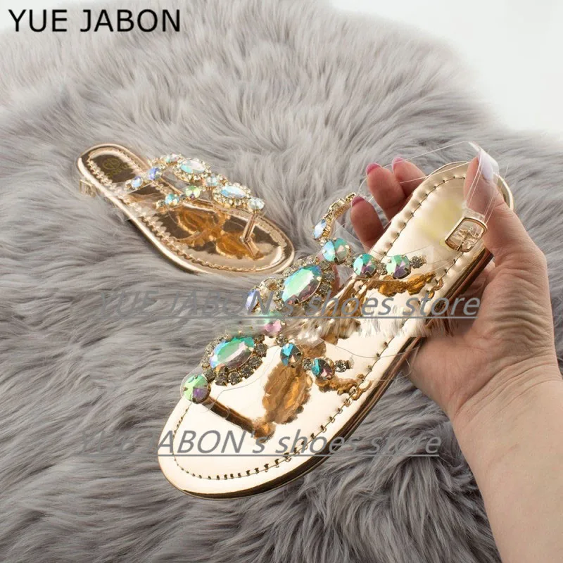 2024 Women Sandals Pink Gold Crystal Summer Shoes Women Large Size 43 Flat Women Sandals Womens Summer Shoes Sandals Flip Flops