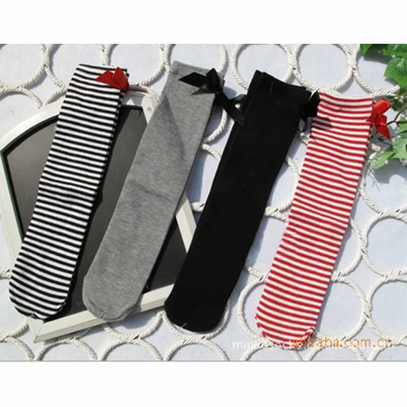 1 pair Baby Girl Knee High Socks Girl\'s Sweet Princess Bowknot Striped Boot Stocking Spring Autumn Kids Stocking White Black Red