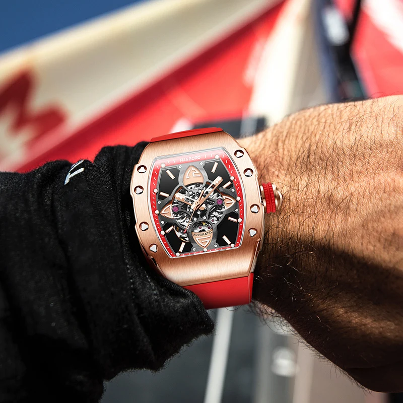 HANBORO Men Automatic Watch 50mm Tonneau Case Mechanical Wristwatch Luminous 5ATM Skeleton Dial