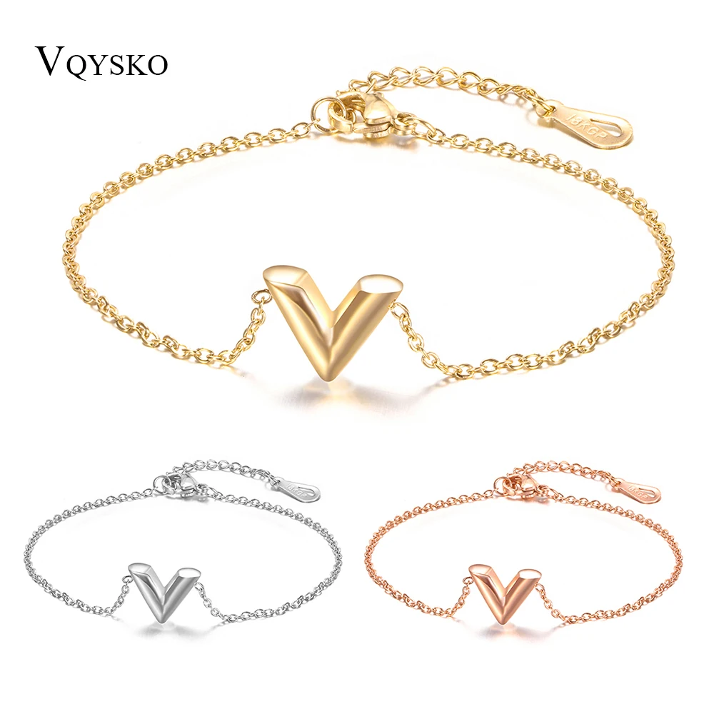 Fashion Jewelry Stainless Steel Letter V Bracelets For Women Adjustable Initial Bangle Wedding Gift Chain Bracelets Wholesale