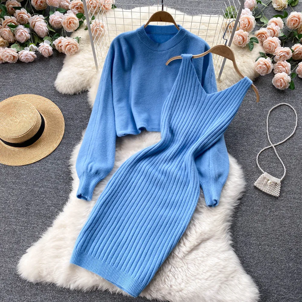 Autumn Winter Women Knitted Set Casual Loose Short Pullovers+Sexy Bodycon Strap Sweater Dresses Two Piece Suits