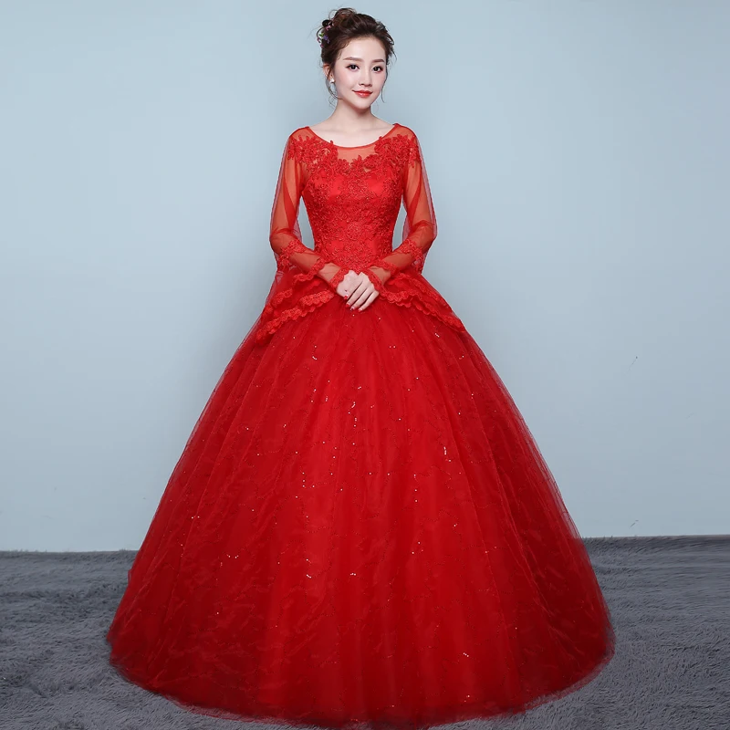 AnXin SH princess red Lace party vintage o neck beading crystal flower long flare sleeve white lace up customized wedding dress