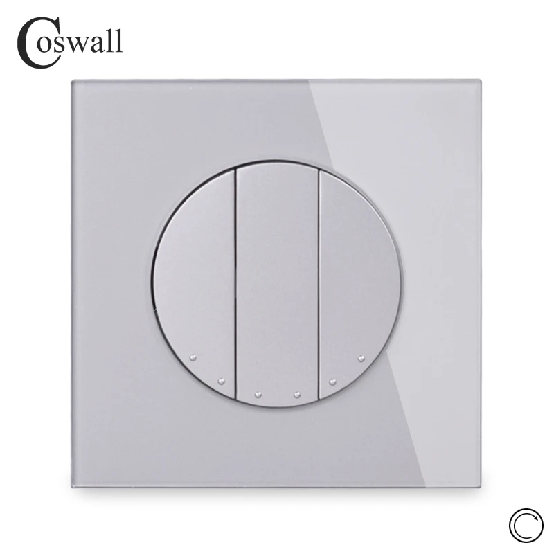 Coswall 3 Gang Momentary Contact Push Button Wall Light Switch Reset Pulse Switch Gray Grey Crystal Glass Panel R11 Series