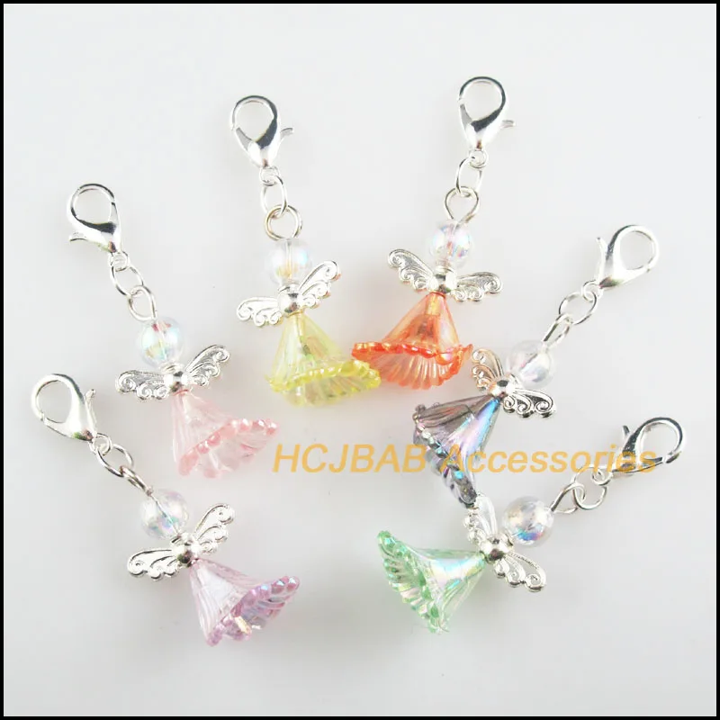 12Pcs Silver Plated Retro Mixed Flower Acrylic 14x24mm Angel With Lobster Claw Clasps Charms