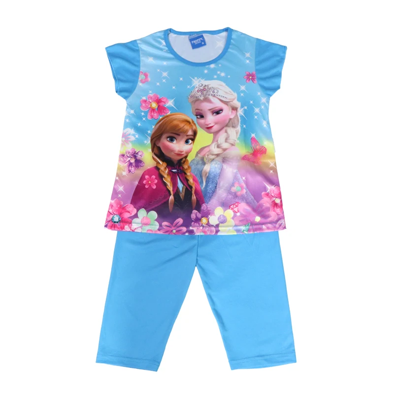 Disney Girl Sets Frozen 2 Elsa Anna 2024 Summer New Kids Outfits Children's Clothing Short Sleeve+Trousers Pajamas Suit 3-8Y