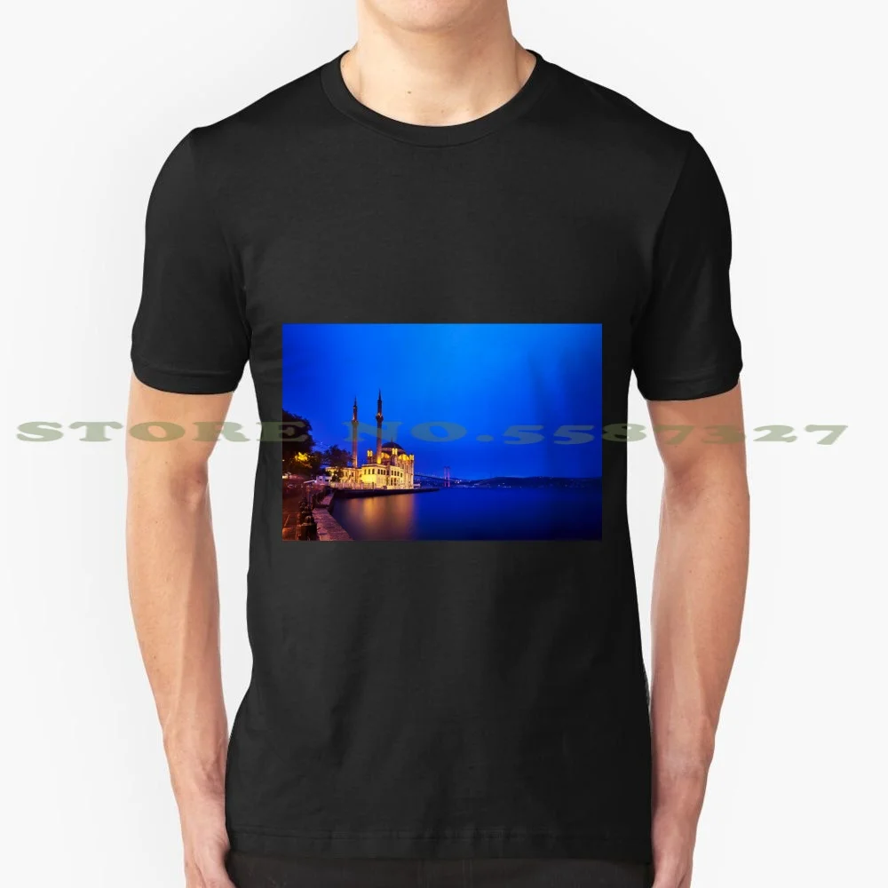 Ortakoy Mosque 100% Cotton T-Shirt Mosque Ortakoy Istanbul Turkey Bosphorus Bosphor Water Bridge Long Exposure Blue Hour Dusk