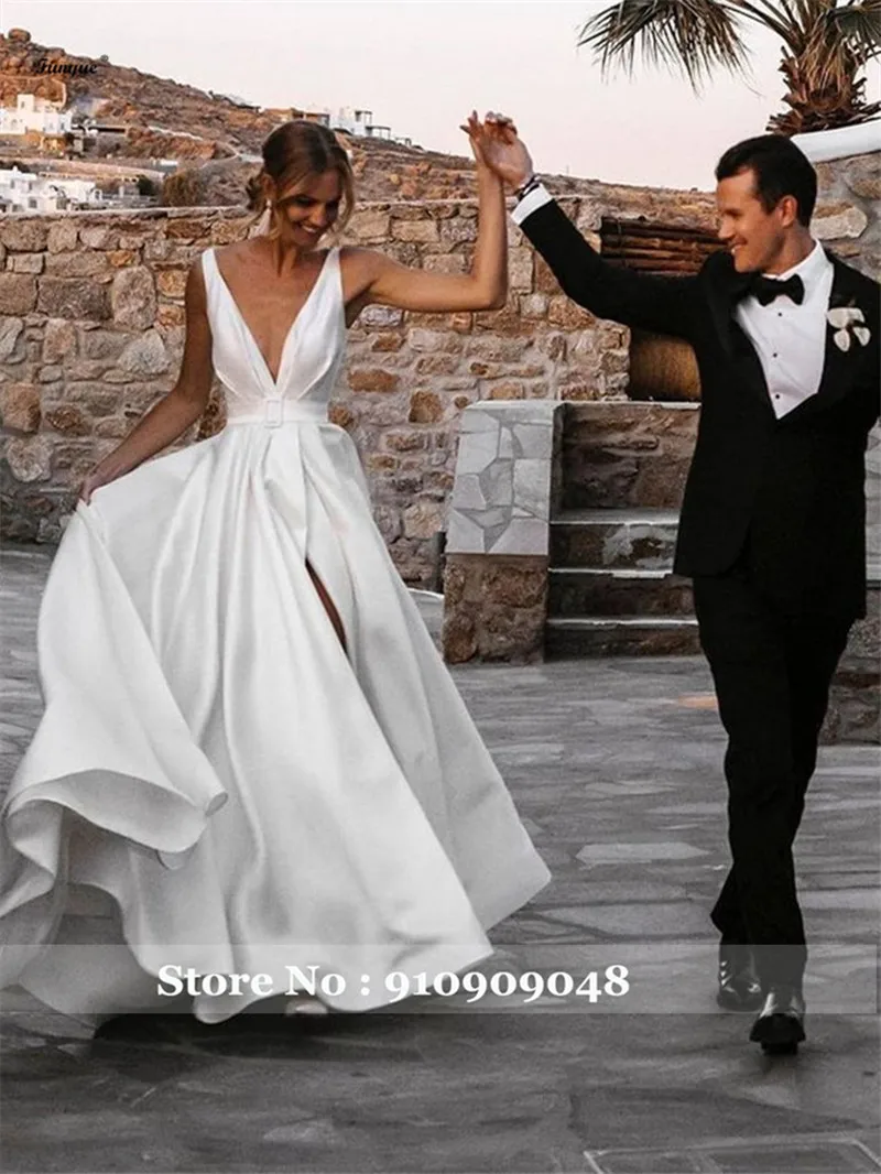 Vestido De Noiva Simples Sexy scollo a V abiti da sposa bianchi per la sposa a-line alta fessura in raso aperto indietro abiti da sposa 2022