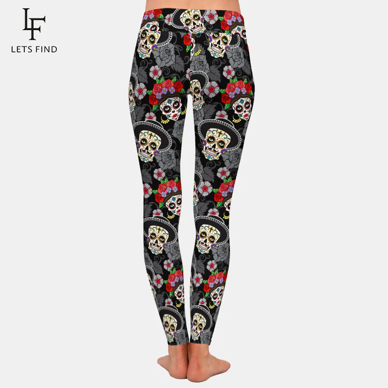 LETSFIND 2020 Fashion High Waist Women Leggings 3D Male and Female Sugar Skulls Digital Printing Soft Fitness Slim Full Leggings