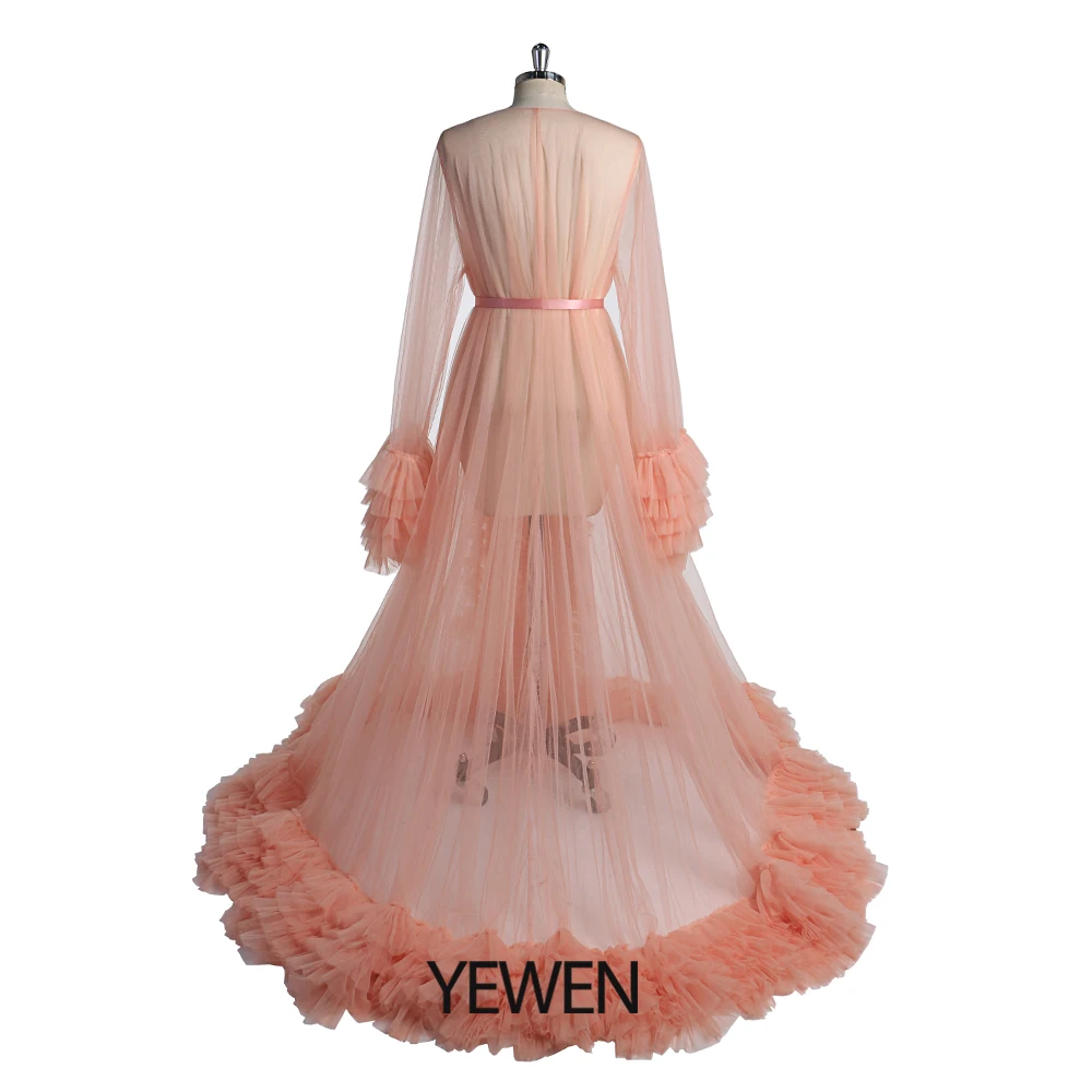 Salmon Tulle Pregnancy Gowns Dresses Long Sleeves Maternity Dress Photo Shoot Outfits Photography Props YEWEN