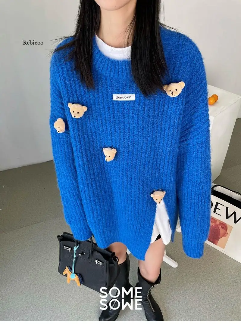 

Autumn Winter Women Sweater Korean Fashion Doll Applique Knitted Pullover Tops Causal Long Sleeve O-neck Pull Femme