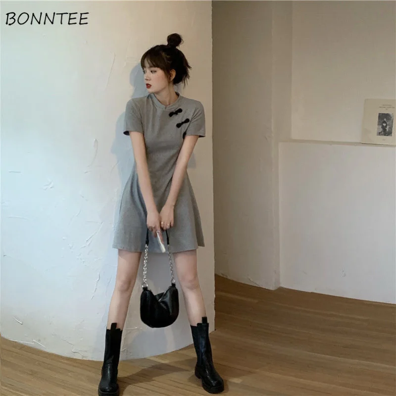 Dress Women Summer Mini Waistline Slim Thin Solid A-line Chinese Style Half Open Collar Streetwear Fashion Harajuku Comfortable