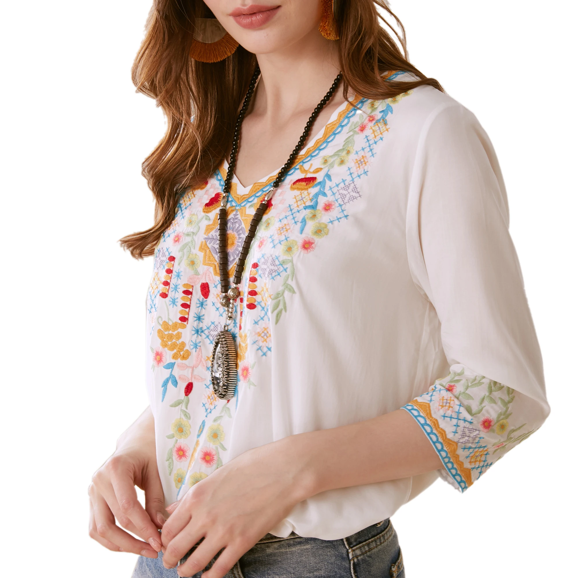 Bohemian Floral Embroidered Boho Blouse for Women, Loose V-Neck Tops, Casual Shirt, Mexican Peasant Shirts, 3/4 Sleeve