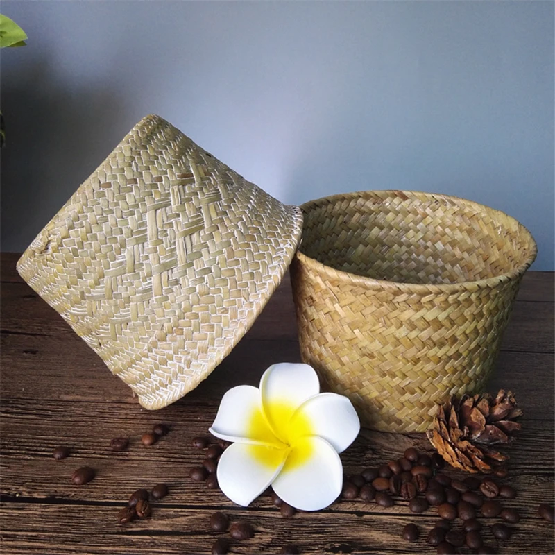 Bamboo Storage Baskets Straw Patchwork Handmade Laundry Wicker Rattan Seagrass Belly Garden Flower Kitchen Storage Basket 1PC