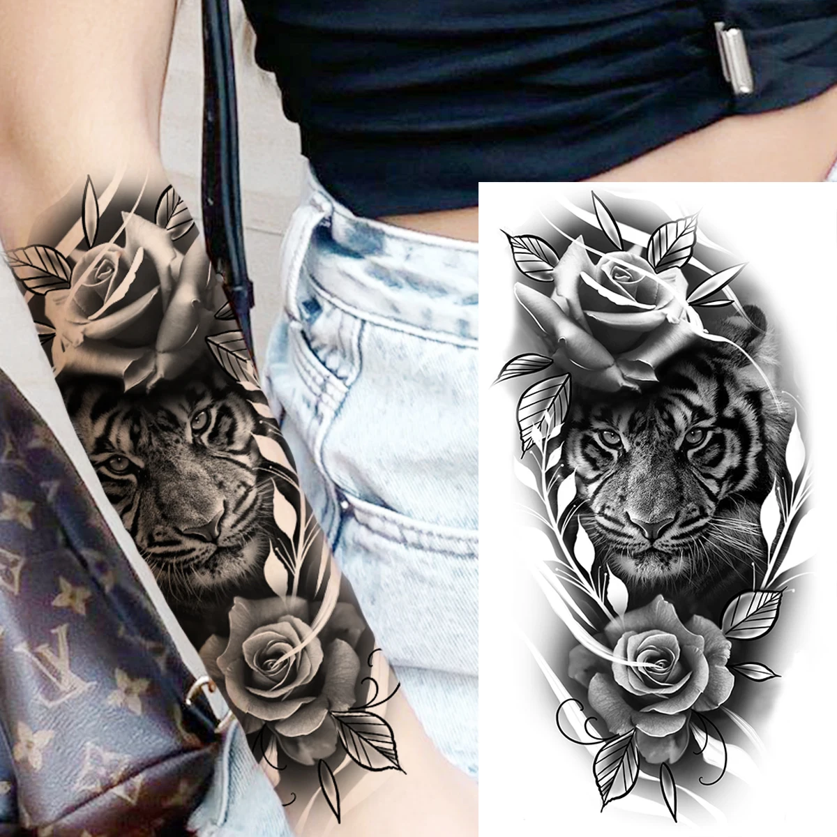 Tiger Flower Temporary Tattoos For Women Men Realistic Lion Scorpion Vampire Skull Compass Fake Tattoo Sticker Forearm Tatoos