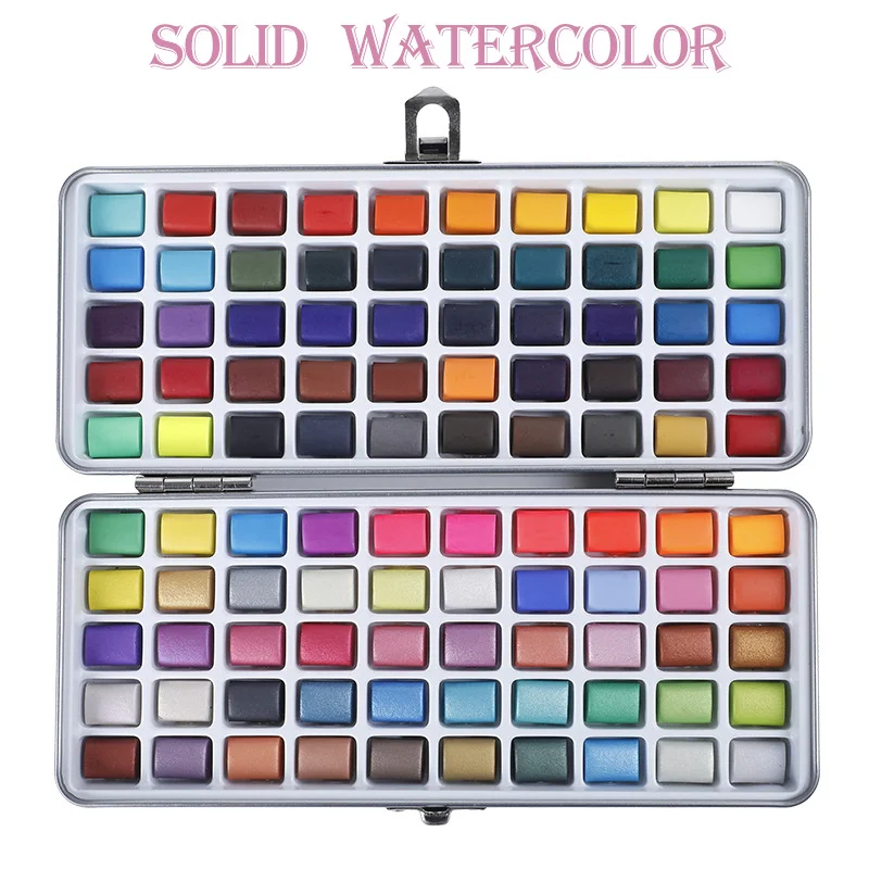 50/72/90/100 Colors Solid Watercolor Paint Set Contains Pearl Fluorescent Glitter Metallic Macaron Color Drawing Art Supplies