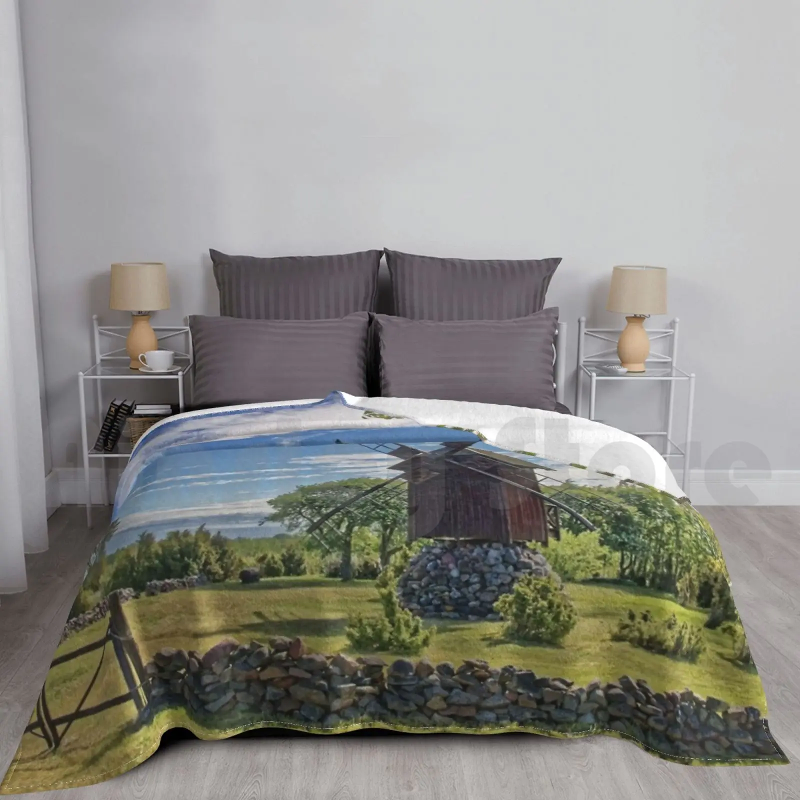 Manta de Estonia, moda personalizada, Isla de Estonia de Wikemaa, molino de viento, paisaje histórico, cielo, nubes, estados bálticos