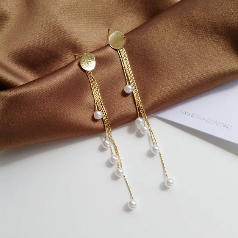 Temperament Pearl Tassel Long Clip on Earrings Elegant Gold Color Long Simulated Pearls Tassel Clip Earrings Without Piercing