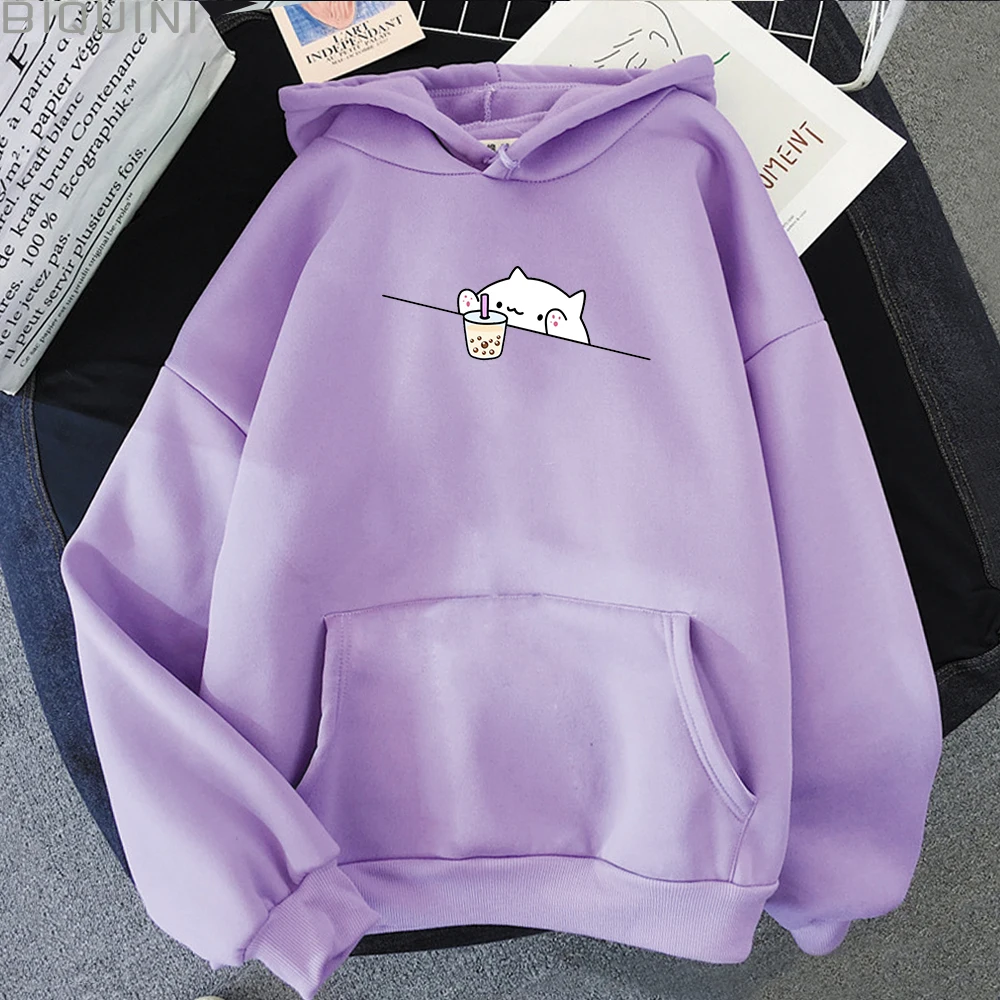 Bubble Tea Printed Casual Pullovers Vintage Cartoon Female Hooded Clothes 2021 New Women Hoodies Kawaii Cat and Boba Sweatshirts