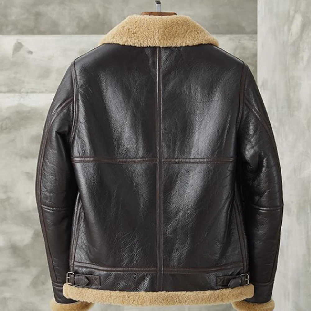 Denny&Dora Men's Dark Brown Sheepskin Shearing B3 Bomber Jacket Leather Lapel Short Style Men's Clothing