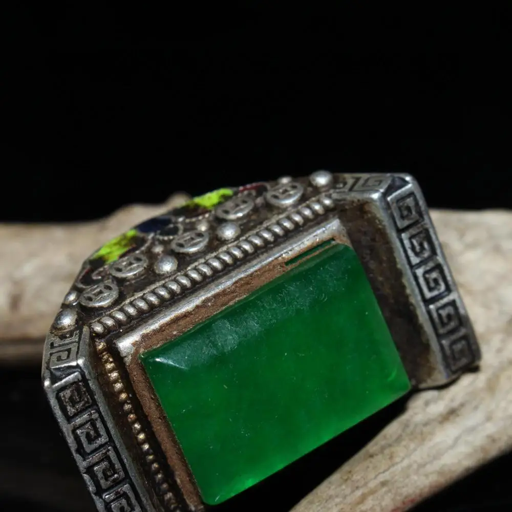 Chinese Old Craft Seiko Made Inlaid Jade Tibetan Silver Ring