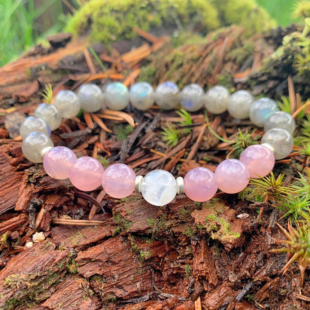 MG1001 AAA Grade Genuine Blue Flash Labradorite Bracelet Dusty Madagascar Rose Quartz Rainbow Moonstone Mala Bracelet