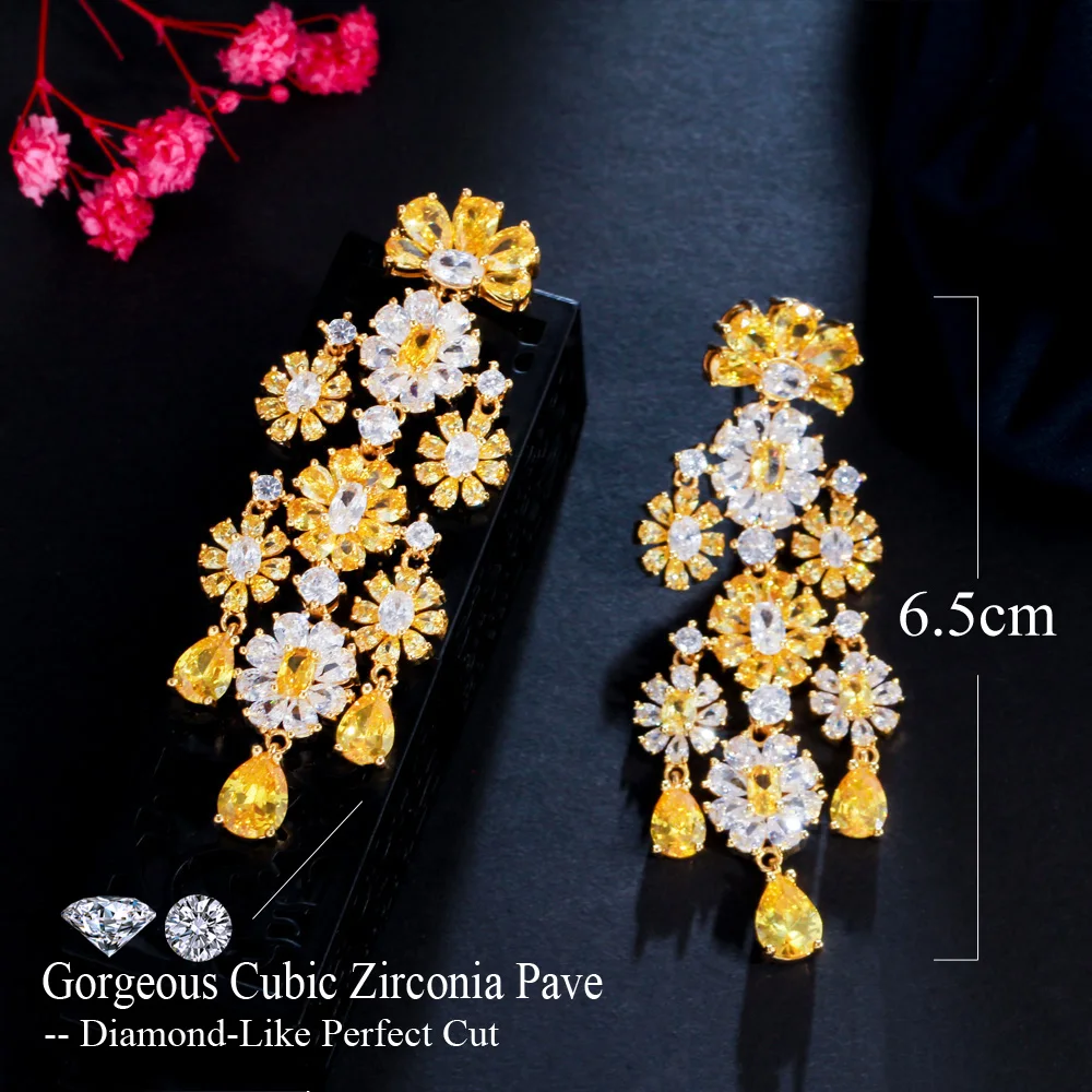 CWWZircons Luxury Statement Cluster Flower Dangle Drop Yellow Cubic Zirconia Long Wedding Earring for Brides Party Jewelry CZ984